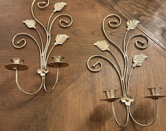 2 Messing-Gold-Wandleuchten Kerzenhalter VTG MCM Blatt-Design 2-armige Kegelkerze