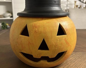 Vintage Terracotta Ceramic Pumpkin Jack O Lantern With Top Hat 10.5”H 10”L