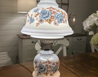23” GWTW Hurricane Parlor Lamp Blue Rose Floral 3-way Opalescent EUC