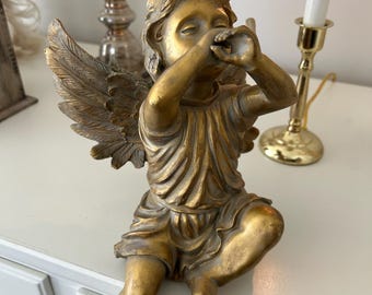 Gold Heavy Resin Trumpeting Sitting Cherub Angel w/Wings Renaissance Sculpture