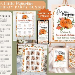 リトルパンプキン 1歳の誕生日パーティーセット：印刷可能なデコレーションと招待状（デジタルダウンロード）