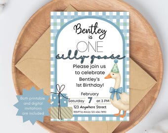 Può includere: Un invito di compleanno con un design stravagante. L'invito recita "Bentley is ONE silly goose" con un'oca dei cartoni animati con un cappello da festa e un papillon. L'invito include la data, l'ora e il luogo.