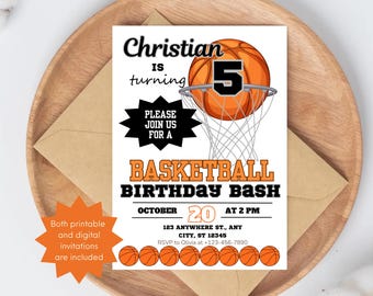 May include: A basketball-themed birthday invitation featuring a basketball graphic with the number 5. The invitation includes the text "Basketball Birthday Bash" and event details. The invitation is on a white background.