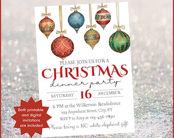 Weihnachtseinladung zum Abendessen | Urlaub Ornamente Einladung | Bearbeitbare Vorlage | Festliche Weihnachtsfeier einladen | Sofort Download