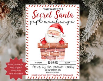Può includere: Un invito festivo per uno scambio di regali di Secret Santa. Il design presenta un'illustrazione di Babbo Natale in un camino. L'invito include la data, l'ora e i dettagli del luogo, con un bordo rosso e bianco.