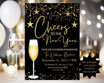 Könnte beinhalten: Schwarz-goldene Neujahrseinladung mit dem Text „Cheers to the New Year“. Die Einladung enthält eine Champagnerglas-Illustration und Veranstaltungsdetails. Das Design zeigt goldene Sterne und ein festliches Thema.
