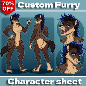 Peut inclure: Illustration d'une fiche de personnage d'un design de hyène furry personnalisé. L'œuvre présente une hyène marron et beige avec des cheveux bleus, montrant des vues de face, de dos et de la tête. L'image comprend le texte "Custom Furry" et "Character sheet" avec une bannière "70% OFF".