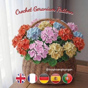 May include: A woven basket overflowing with colorful, crocheted geranium flowers. The flowers are in shades of orange, pink, yellow, and blue, with green leaves. The text "Crochet Geranium Pattern" is above the basket.