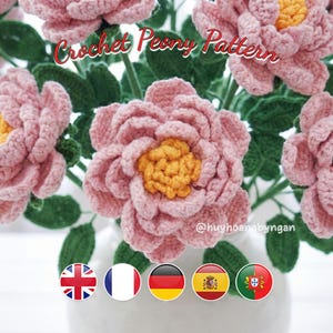 Modello realistico di fiore di peonia all'uncinetto in PDF / Decorazione floreale fai da te di livello intermedio / Tutorial multilingue