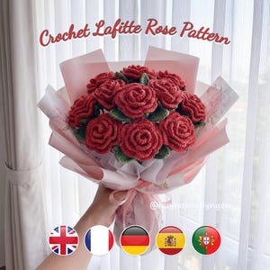 Patrón de rosa Lafitte a crochet en PDF / Flor de rosa en espiral realista / Tutorial multilingüe para hacer tú mismo