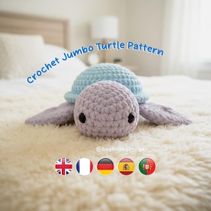 Patrón de tortuga gigante de crochet en PDF: Amigurumi de animales marinos para principiantes (Descarga de tutorial en PDF multilingüe)