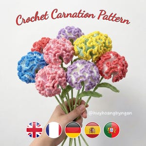 Puede incluir: Un ramo de claveles de ganchillo hechos a mano en varios colores, incluyendo rojo, rosa, azul, amarillo y morado. El texto "Crochet Carnation Pattern" se muestra encima de las flores. Las flores son sostenidas por una mano.