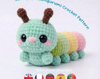 Patrón de crochet de oruga amigurumi sin costuras, tutorial de oruga amigurumi, tutorial en PDF multilingüe para principiantes.