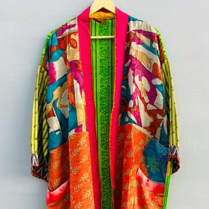 Assorted Vintage Crepe Silk Sari Kimono Robe, Boho Patchwork Duster Jacket, Handmade Lounge Cover Up, Multicolor Resort wear Gift for Her