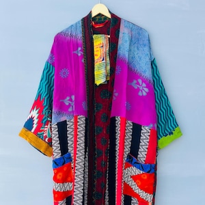 Unisex Silk Boho Kimono Robe  Man House Beach Artist Robe- Navy Patchwork Regal Romance Crepe Siik Robe, Recycled Indian Crepe Silk Wrap
