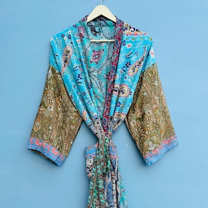 Upcycled Kasturi Sari Silk Kimono Robe, Vintage Patchwork Duster, Boho Festival Beach Cover Up, Resort