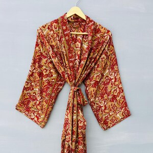 Vintage patchwork zijden sari kimono badjas, boho dusterjas, gerecyclede sari lounge cover-up resortkleding