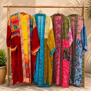 Assorted Vintage Crepe Silk Sari Kimono Robe, Boho Patchwork Duster Jacket, Handmade Lounge Cover Up, Multicolor Resort wear Gift for Her