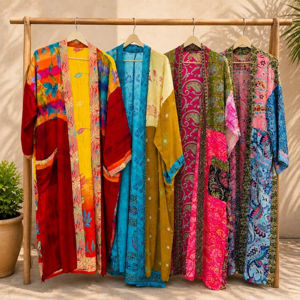 Verschiedene Vintage Crepe Seide Sari Kimono Robe, Boho Patchwork Duster Jacke, handgefertigte Lounge Cover Up, mehrfarbiges Resort wear Geschenk für Sie