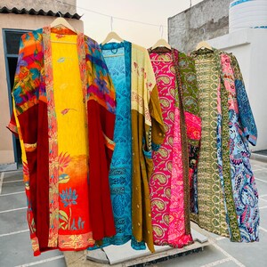 Assorted Vintage Crepe Silk Sari Kimono Robe, Boho Patchwork Duster Jacket, Handmade Lounge Cover Up, Multicolor Resort wear Gift for Her