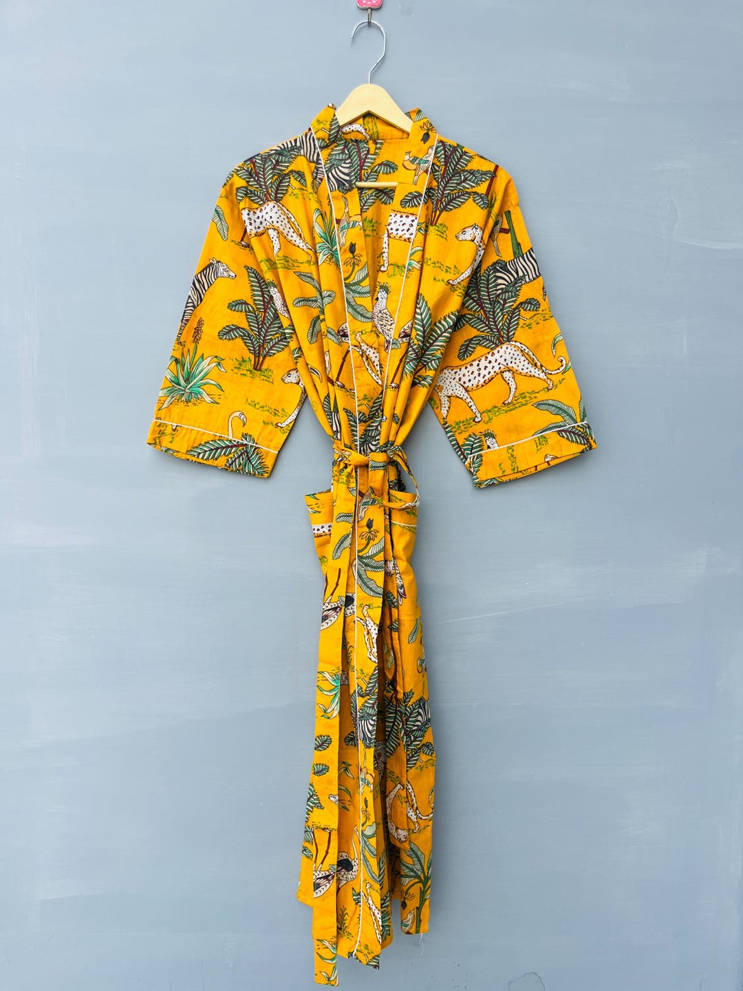 Rrl Robe Jungle Print Cotton Kimono Robe, Boho Tropical Leaf Loungewear, Summer ...