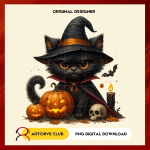 Halloween Black Cat Witch PNG – Vintage Pumpkin Clipart, 300 DPI Transparent, Instant Digital Download