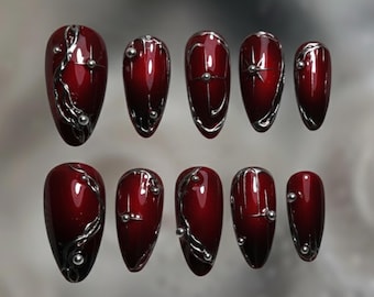 Burgundy Chrome Press On Nails, Red Glitter Nails, Stiletto Gothic Nails, Glam Nails, Metallic Star Nails, Holiday Nails