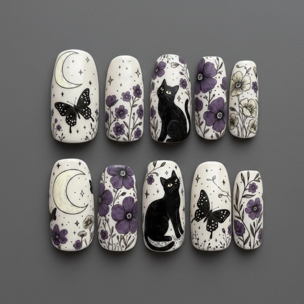 Moonlit Violet Garden Cat Nails, Vintage Black Cat Nail Art, Butterfly Floral Press On Nails, Cottagecore Witchy Nails, Fantasy Nail Set