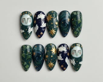 Celestial Forest Press On Nails, Moon Bunnies Nail Art, Mystic Woodland Nails, Gold Star Night Sky Nails, Hand-Painted Green Fantasy Nails