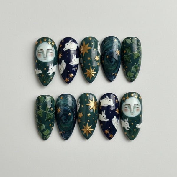 Celestial Forest Press On Nails, Moon Bunnies Nail Art, Mystic Woodland Nails, Gold Star Night Sky Nails, Hand-Painted Green Fantasy Nails