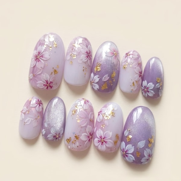 Purple Cherry Blossom Cat Eye Nails, Sakura Floral Nails, Lilac Glitter Nails, Gold Leaf Nails, Elegant Spring Nails, Soft Pastel Nail Set