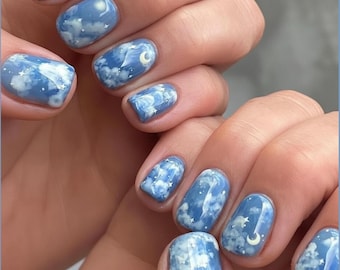 Uñas postizas Dreamy Cloud, uñas con estrellas y luna azul, uñas estéticas en tonos pastel suaves, uñas postizas hechas a mano, uñas pastel, uñas con un toque femenino