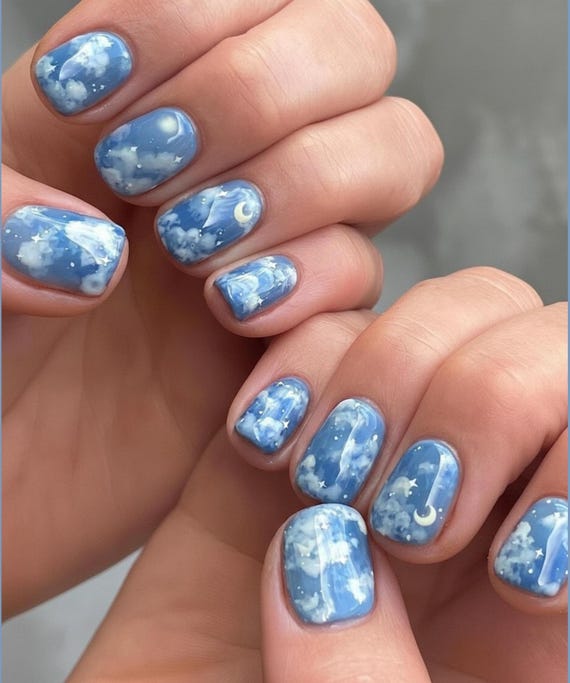 Dreamy Cloud Press On Nails, Blue Sky Moon Star Nails, Soft Pastel Aesthetic Nails, Handmade Press Ons, Pastel Nails, Girly Nail Art