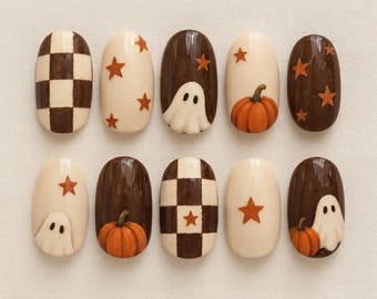 Cozy Halloween Ghost Press On Nails, Ghost Pumpkin Nails, Brown Checkerboard Nails, Cute Spooky Fall Nails, Cottagecore Nails