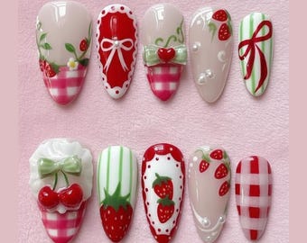 Sweet Strawberry Press On Nails, Gingham Picnic Nails with Bows & Cherries, Cute Fruit Nails, Red Pink Summer Nails, Floral Almond Nails