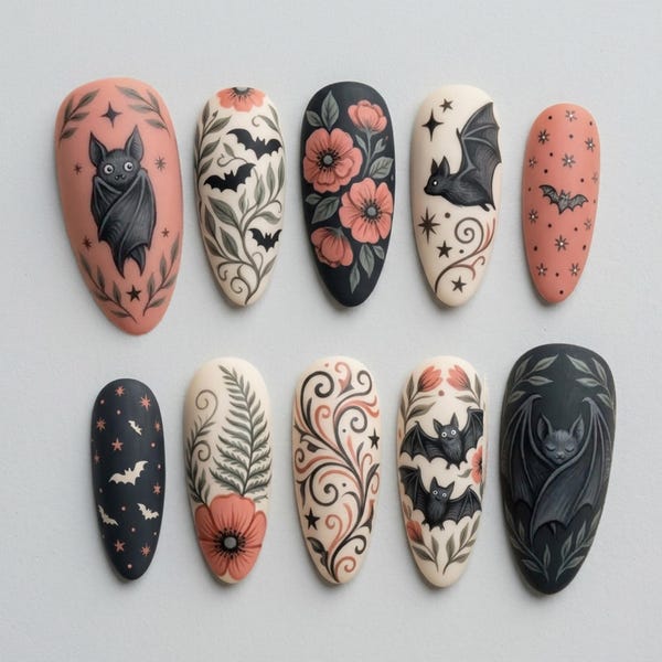 Unghie finte gotiche a forma di pipistrello, unghie floreali a forma di pipistrello, set di unghie in stile cottagecore scuro, unghie a forma di pipistrello spettrale e carino, unghie a mandorla da strega dipinte a mano