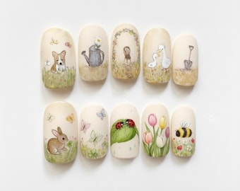 Hand-Painted Cottagecore Garden Press On Nails, Cute Bunny Bee Ladybugs Nail Art, Tulips Flower Pastel Nails, Spring Nature Nail Art Set