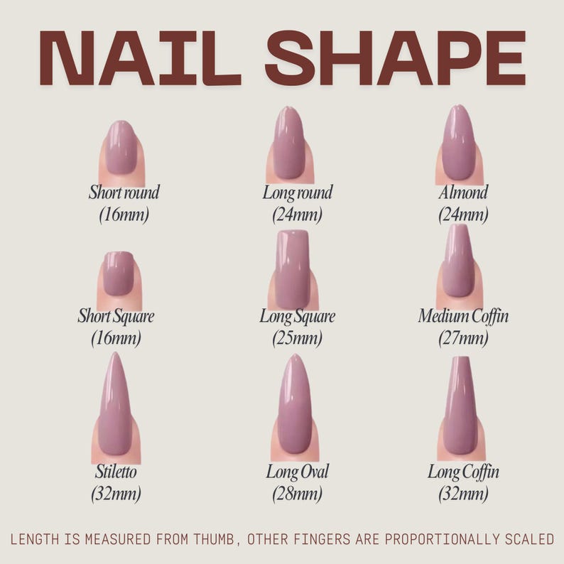 May include: A diagram displaying nine different nail shapes, including short round, long round, almond, short square, long square, medium coffin, stiletto, long oval, and long coffin. Each nail shape is shown with a measurement in millimeters.