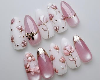 Press-on naglar med rosa guldfärgade blommor, eleganta rosa ombre cat eye-naglar, handmålade blomkonst, lyxnaglar med 3D-rosett och guldfärgad accent