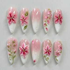 Pink Lily Floral Press On Nails, 3D Flower Nails, Soft Ombre French Tips, Elegant Bridal Nails, Romantic Spring Summer Nails, Stiletto Nails image 1
