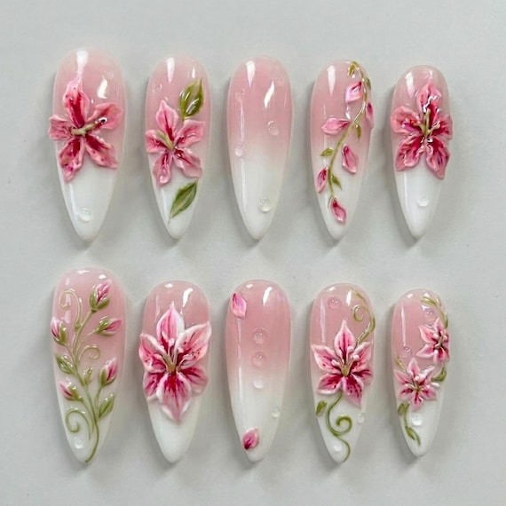 Pink Lily Floral Press On Nails, 3D Flower Nails, Soft Ombre French Tips, Elegant Bridal Nails, Romantic Spring Summer Nails, Stiletto Nails