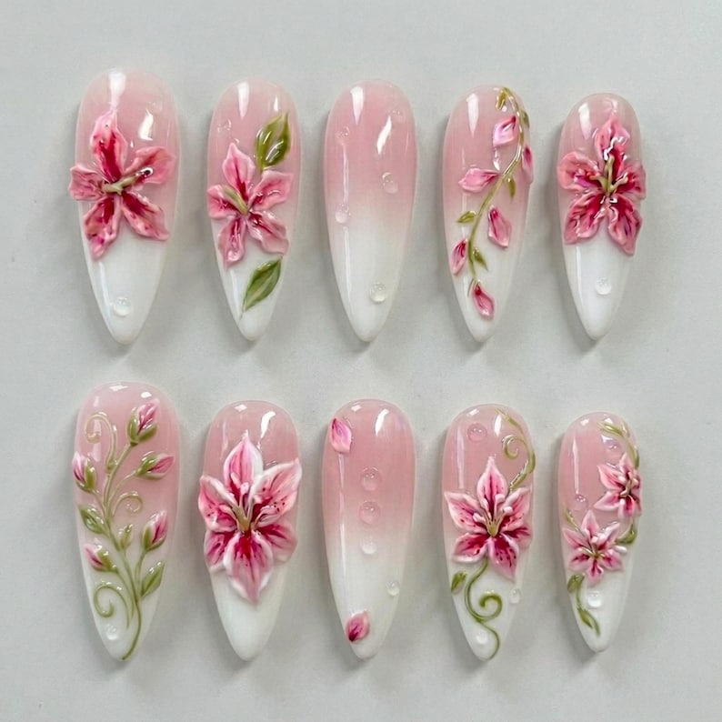 Pink Lily Floral Press On Nails, 3D Flower Nails, Soft Ombre French Tips, Elegant Bridal Nails, Romantic Spring Summer Nails, Stiletto Nails image 1
