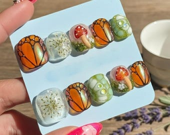 Monarch Butterfly Garden Press On Nails, 3D Mushroom Floral Nails, Nature Inspired Nail Art, Cottagecore Fairy Nails, Handmade Nail Set