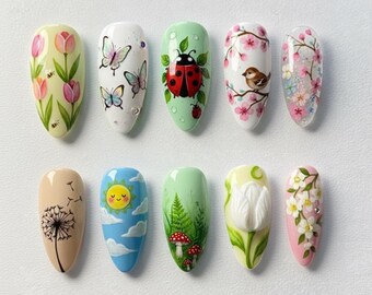 Spring Garden Press On Nails, Hand-Painted Floral Butterfly Nails, Ladybug Nature Nails, Pastel Cottagecore Nail Art, Vintage Almond Nails