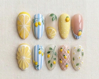 Summer Lemon Press On Nails, Fresh Citrus Nail Set, Yellow Blue Nails, Cute 3D Fruit Nails, Spring Summer Nails, Handmade Gel Nails