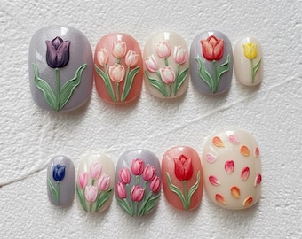 Pastel Tulip Press On Nails, Hand-Painted Floral Nails, Soft Spring Garden Nail Art, Handmade Press Ons, Cute Summer Nails, Romance Nails