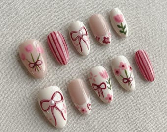 Pink Bow Floral Press On Nails, Hand-Painted Cute Ribbon Nails with Stripes, Soft Pink Spring Nail Set, Kawaii Girly Aesthetic Nails