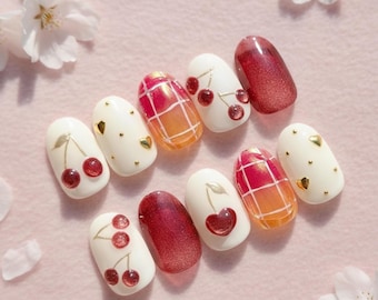 Cherry Blossom Press On Nails, Red Cherry Nail Art with Gold Hearts, Oval Plaid Nails, Cute Spring Kawaii Nails, Gift For Her, Fruit Nails