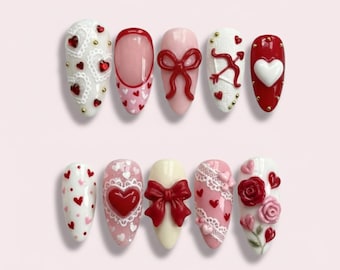 Valentine 3D Press On Nails, Red Pink Heart Bow Lace Nails, Handmade Cute Love Nails, Romantic Valentine Nail Set, Kawaii Girly Nails