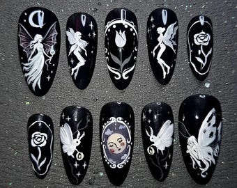 Dark Fairy Press On Nails, Hand Painted Black Witchy Nails, Celestial Fairy Rose Nails, Gothic Fantasy Nail Set, Dark Aesthetic Almond Nails